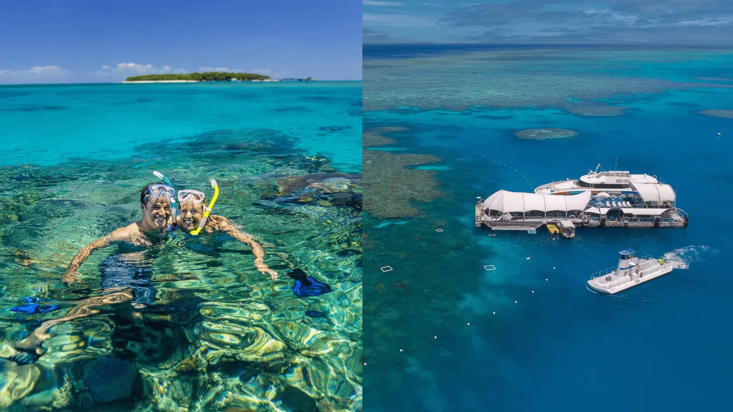 Two distinct images, with one depicting two snorkellers in front of Green Island and the other of a semi sub departing a reef pontoon.